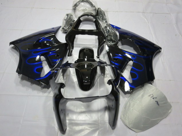 Carénage Moto Kawasaki ZX6R 2000-2002 - Noir Brillant Bleu Flamme