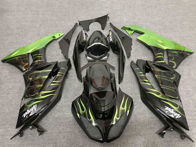 Carénages Moto Kawasaki ZX6R 2009-2012 - Noir Brillant Vert Flamme