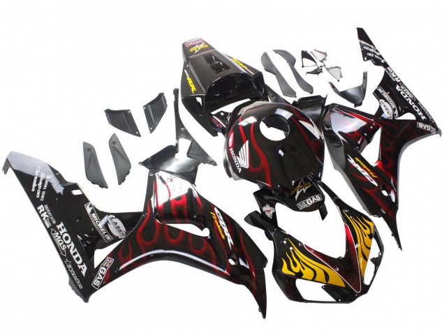 Carénages Moto Honda CBR1000RR 2006-2007 - Noir Brillant Jaune Rouge Flamme