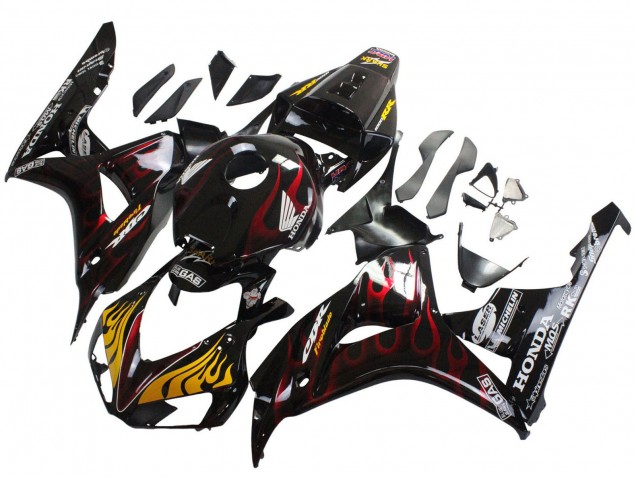 Carénages Moto Honda CBR1000RR 2006-2007 - Noir Brillant Jaune Rouge Flamme