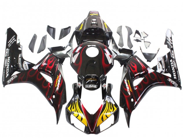 Carénages Moto Honda CBR1000RR 2006-2007 - Noir Brillant Jaune Rouge Flamme