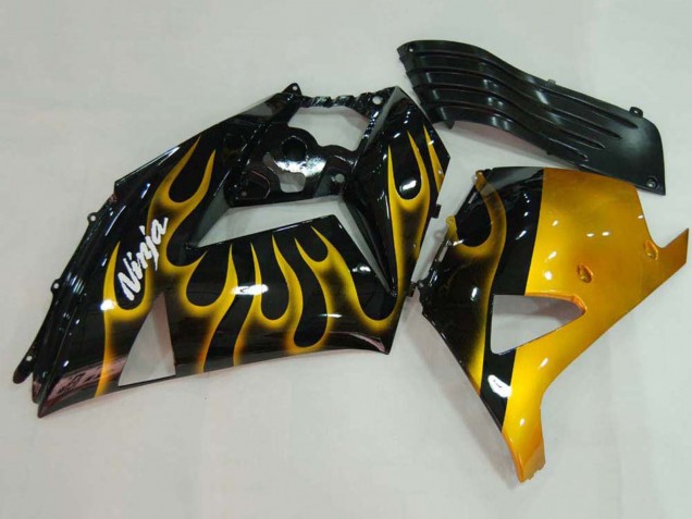 Carénages Moto Kawasaki ZX14R ZZR1400 2006-2011 - Noir Brillant Or Flamme