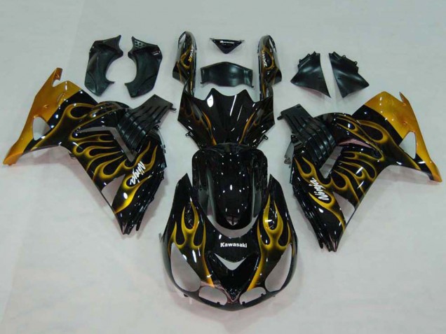 Carénages Moto Kawasaki ZX14R ZZR1400 2006-2011 - Noir Brillant Or Flamme