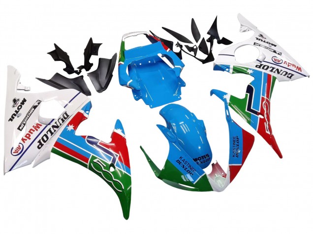 Carénages Moto Yamaha YZF 600 R6 2005 - Bleu Clair Blanc Vert Rouge Kastinee Dunlop Motul