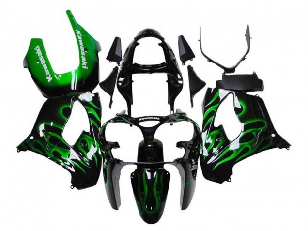 Carénages Moto Kawasaki ZX9R 2000-2001 - Noir Brillant Vert Flamme Blanc