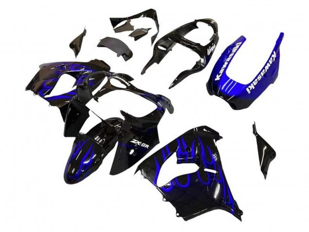Carénages Moto Kawasaki ZX9R 2002-2003 - Noir Blanc Bleu Flamme
