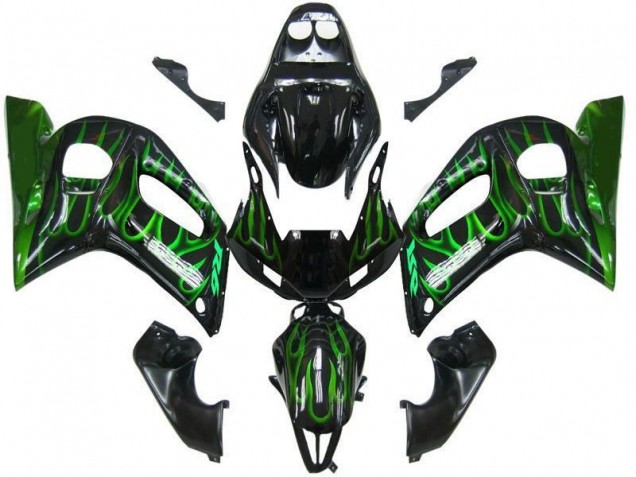 Carénages Moto Yamaha YZF 600 R6 1998-2002 - Noir Brillant Vert Flamme