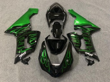 Carénages Moto Kawasaki ZX6R 2005-2006 - Noir Brillant Vert Flamme