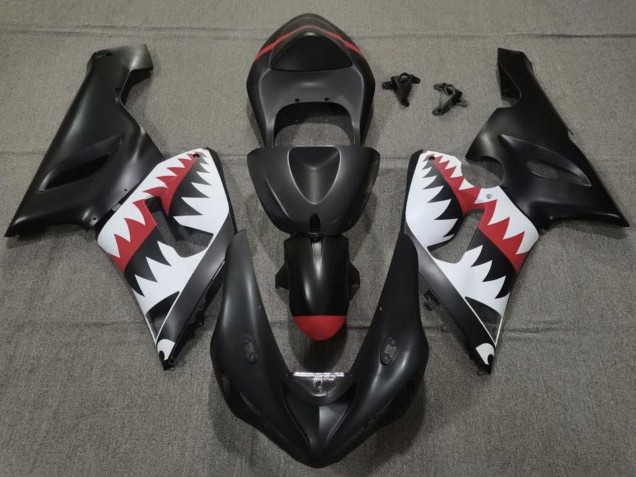 Carénages Moto Kawasaki ZX6R 2005-2006 - Noir Mat Blanc Rouge Requin