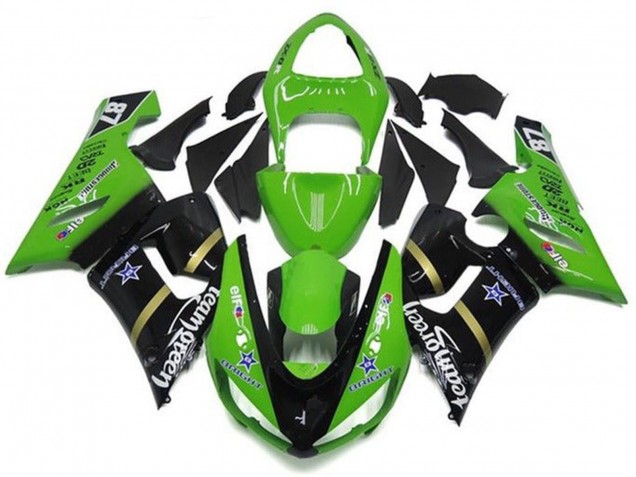 Carénages Moto Kawasaki ZX6R 2005-2006 - Vert Noir Brillant Bleu Étoile Team Vert