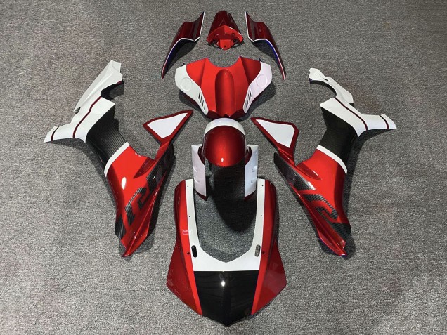 Carénages Moto Yamaha YZF 1000 R1 2015-2019 - Blanc Rouge Fausse Fibre de Carbone