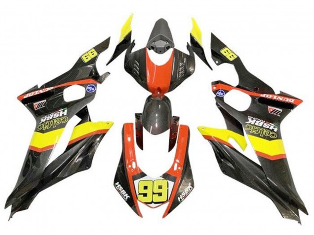 Carénages Moto Yamaha YZF R6 2017-2023 - Jaune Orange Noir Fausse Fibre de Carbone