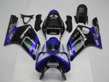 Carénages Moto Kawasaki ZX6R 2003-2004 - Noir Brillant Bleu Vert Monstre