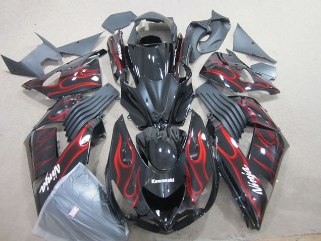 Carénage Moto Kawasaki ZX14R ZZR1400 2006-2011 - Noir Brillant Rouge Flamme